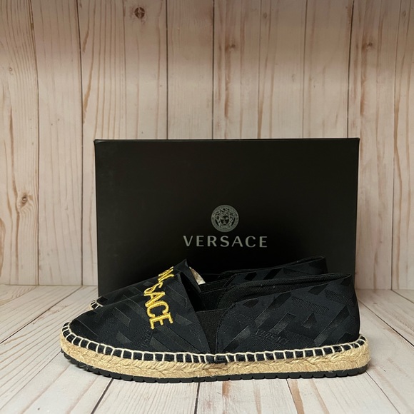 Versace Logo Jacquard Espadrille Flat Black/Gold Sz 36 / 6 - Picture 3 of 11